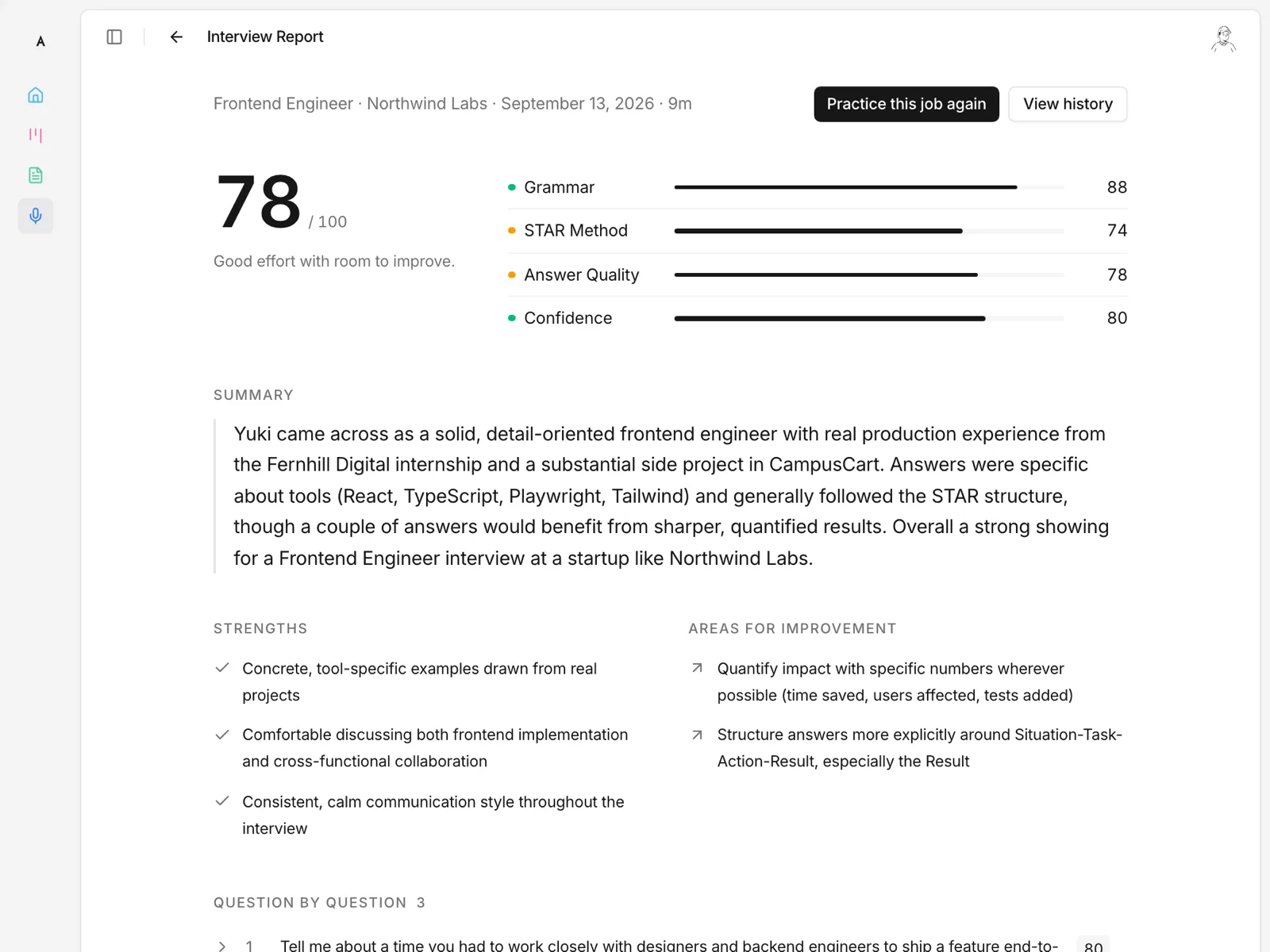Interview report with a score and next steps